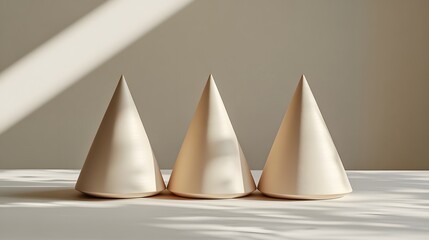 Poster - three white and gold conical shapes arranged on a minimalist table in an elegant alignment