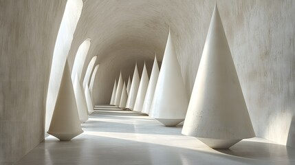 Poster - Long row of white cones arranged in a minimalist 3d design with conical shapes aligned elegantly