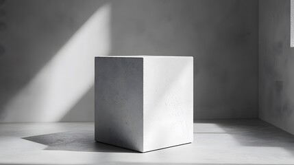 Poster - minimalist white cube object on concrete floor in empty space with simple design and clean lines