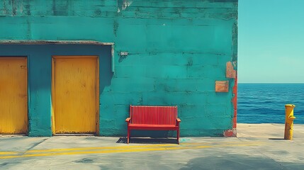 Poster - Blue building with yellow doors against a sparse background showcasing minimal visual expressions