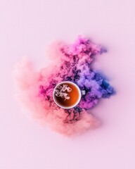 Wall Mural - colorful smoke surrounding cup of tea on pink background