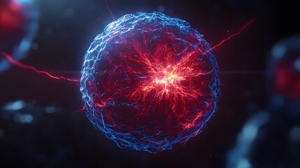Poster - Abstract 3D rendering of a glowing sphere with red and blue energy, creating a dynamic and vibrant visual.  Perfect for science, technology, or fantasy themes.