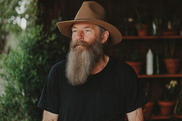 Wall Mural - A man with a beard and a hat stands in front of a shelf of potted plants