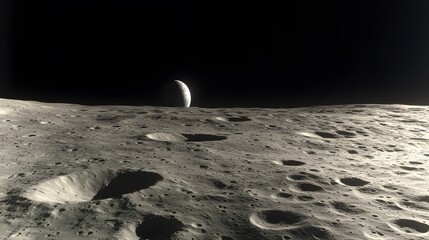 Wall Mural - a breathtaking view of the lunar surface, dotted with craters, stretches towards a crescent earth ha