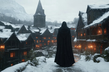 Wall Mural - A man in a black cloak stands in front of a snowy village