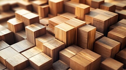 Poster - Wooden blocks arranged on a table showcasing layered voxel techniques in a creative display