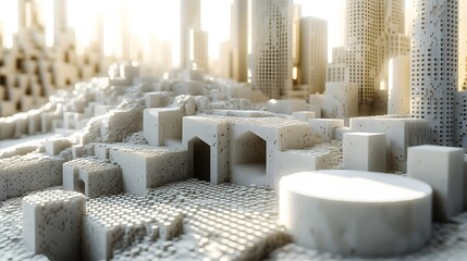 Poster - Cityscape with numerous buildings and layered voxel techniques displayed on a table