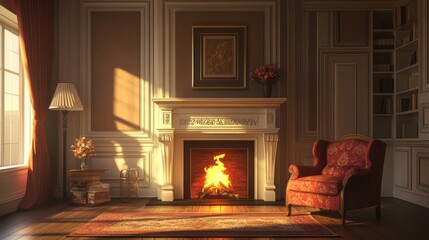 Wall Mural - Cozy living room with a fireplace, armchair, and warm sunlight streaming through the window.