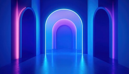 Poster - Neon Archways Illuminate a Blue Room, Creating a Stunning Visual Display of Abstract Shapes and Vibrant Colors, Perfect for Modern Design Inspiration.