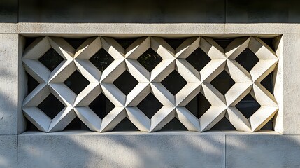 Poster - window featuring interlocking shapes and patterns on a bright sunny day with clear blue sky
