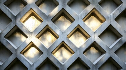 Poster - wall with interlocking square and shape pattern in bright daylight creating a geometric design