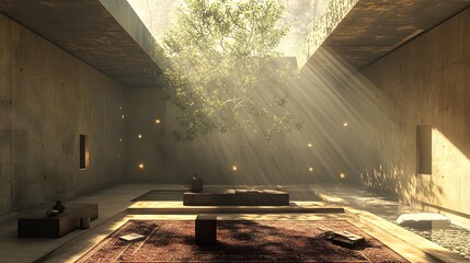 Poster - minimalist living room interior design featuring a rug and a decorative indoor tree in a spacious se