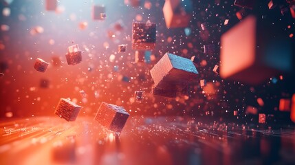 Poster - Floating cubes in digital space creating an immersive voxel simulation with vibrant colors and depth