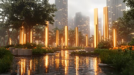 Poster - city skyline with tall buildings and a pond in a digital immersive voxel simulation environment