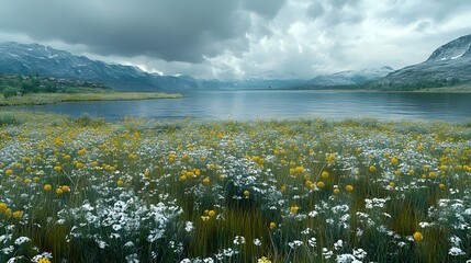 Poster - Field of colorful flowers in an immersive flat shaded 3d virtual environment with vibrant scenery
