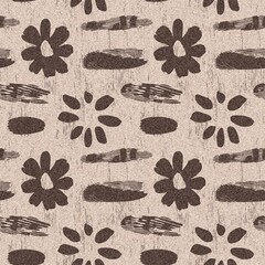 Wall Mural - Trendy brown linen flower shape seamless pattern with irregular fabric texture effect. Organic close up woven floral block print background. Gender neutral modern mocha bloom scandi material swatch.