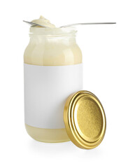 Wall Mural - Tasty mayonnaise sauce in glass jar with blank label and spoon isolated on white