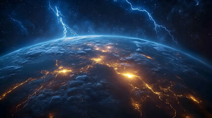 Wall Mural - stunning view of earth from space at night, illuminated city lights contrast with dark clouds and vi