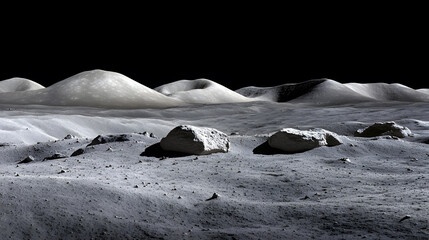 Wall Mural - a grayscale image depicting a lunar landscape. rolling hills and scattered rocks dominate the scene 