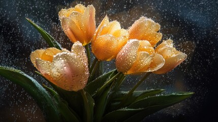 Wall Mural - A close-up of tulips with droplets, creating a serene and refreshing atmosphere.