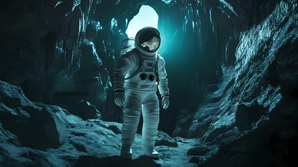 Wall Mural - Ai generated illustration of an astronaut in extraterrestrial suit exploring nocturnal cave. Lunar Caverns. Illustration