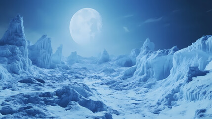 Wall Mural - Blue and white image of a frozen landscape with a blue sky. Lunar Caverns. Illustration