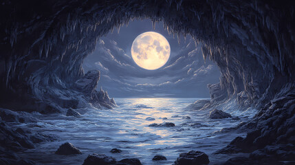 full moon over calm sea night cave scene mystical moonlight. lunar caverns. illustration