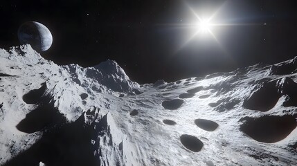 Wall Mural - a stunning view of a cratered lunar landscape under a bright sun, with a distant planet visible in t