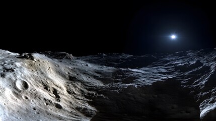 Wall Mural - a dramatic, wide shot of a cratered asteroid surface. a bright star shines in the dark sky above the