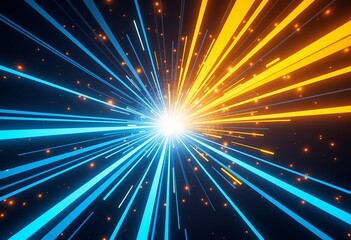 Poster - Abstract Radial Explosion Background: Geometric Lines with Speed Light Effect, Neon Blue and Yellow Zoom Burst, Visual Tech Datum for Music Flow, Dynamic Energy Boom, and Tech Starts.

