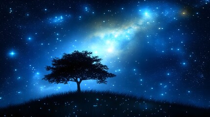 Wall Mural - silhouette of a lone tree on a hill under a breathtaking night sky filled with bright stars and a ga