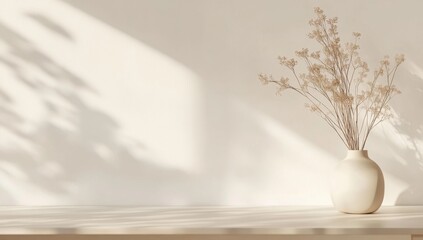 Wall Mural - Minimalist vase with dried flowers on light wooden table, sunlit shadows