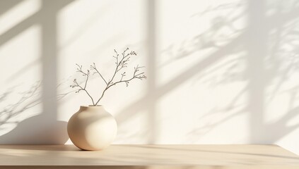 Wall Mural - Sunlight through window, vase with branch, minimalist interior