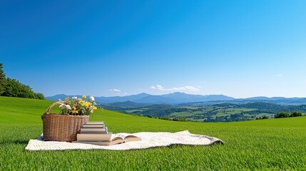 Wall Mural - Idyllic Summer Picnic Scene With Books And Flowers