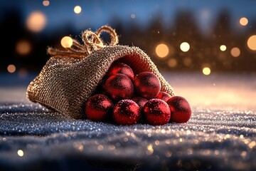 Wall Mural - Festive Christmas bag with red ball decorations and bokeh effect