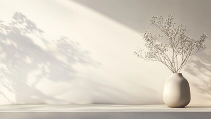 Wall Mural - Minimalist vase with dried flowers on a shelf, sunlit room