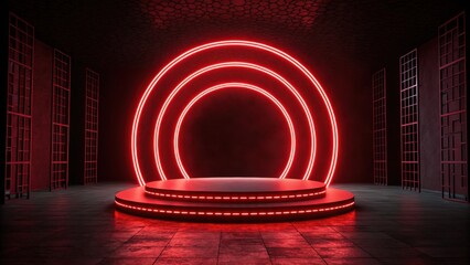 Wall Mural - Futuristic background concept, Red neon circular stage with dark background