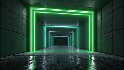 Wall Mural - Futuristic background concept, Neon-lit corridor with reflective floor surfaces.