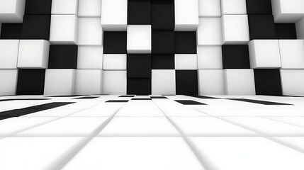 Poster - Abstract 3D Black and White Cubes Checkered Pattern Perspective Illustration Render Wallpaper Art