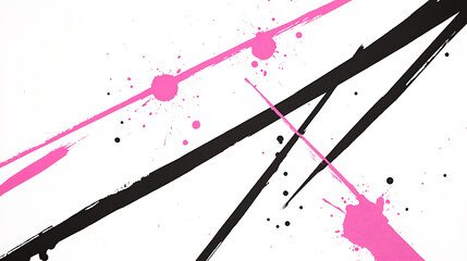 Poster - Abstract Art Black and Pink Streaks and Splatters on White Background Minimalist Paint Illustration