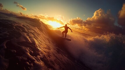 Surfer riding wave at sunset, ocean background, active lifestyle