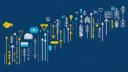 Poster - Abstract Chart with Upward Arrows and Growth Icons Depicting Business Success on Dark Blue Background