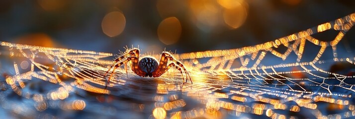 Spider on glistening dew-covered web, sunrise.