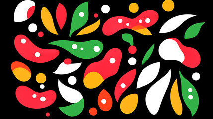 Poster - Abstract Graphic Composition with Red and Green Shapes on Black Backdrop Bright and Bold Style