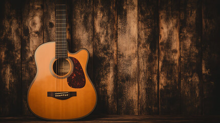 Poster - Acoustic Guitar Leaning Against Weathered Wooden Wall Background Scene Musical Instrument Concept