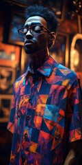 Canvas Print - Stylish man, vibrant shirt, pensive expression.