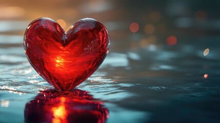 Poster - A beautiful heart-shaped reflection on a reflective surface, evoking emotions of love and warmth, set against a smooth, glossy backdrop