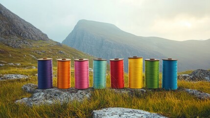 Poster - A beautifully arranged set of colorful spools of thread, showcasing a rainbow of hues in a well-lit space ideal for crafting and creative design