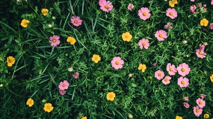 Poster - A breathtaking ground pattern made of pink and yellow flowers surrounded by green grass, creating a peaceful and colorful outdoor scene