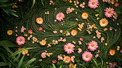 Wall Mural - A breathtaking pattern of pink and yellow flowers artistically spread across the ground, surrounded by lush green grass, creating a peaceful nature scene